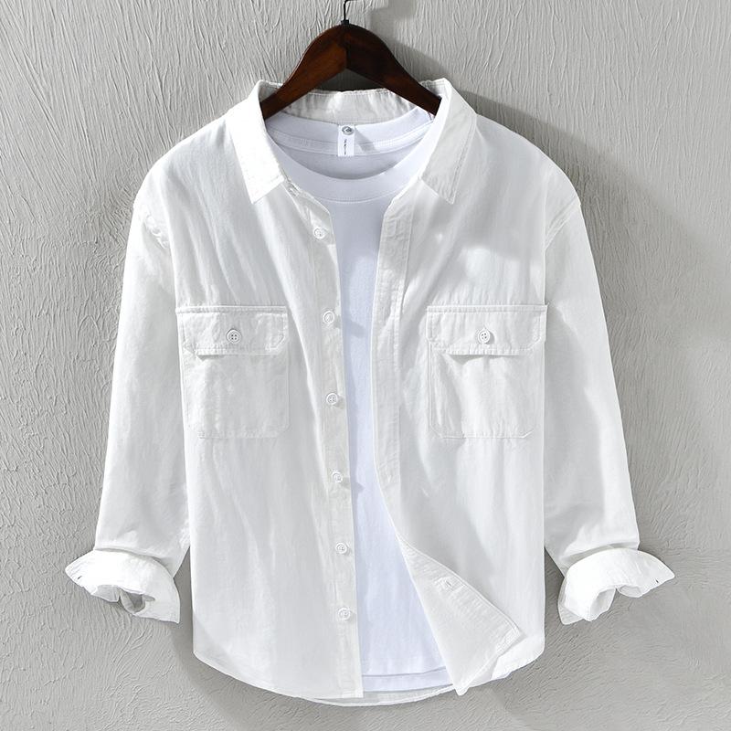 Japanese Simple Cotton Casual Shirt Men Long Sleeve Loose Double Pocket Cargo Shirt Spring Coat