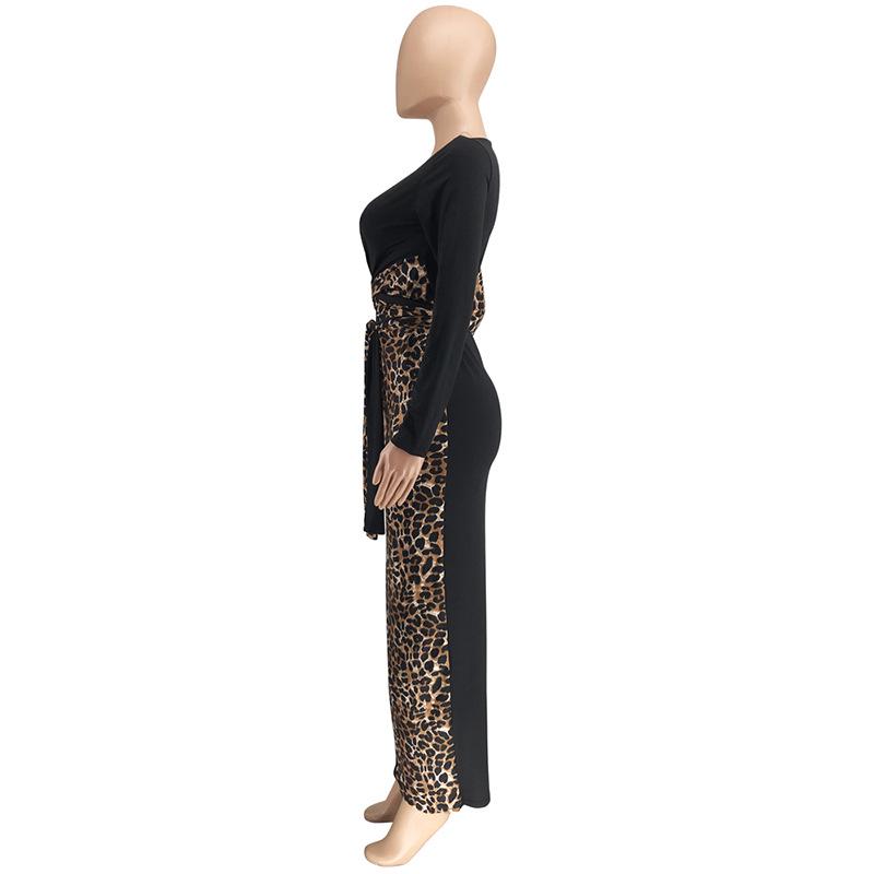 Contrast Color V Neck Zipper Waist Sexy Lady Leopard Geometry Print Belt Long Sleeve Lady Dress