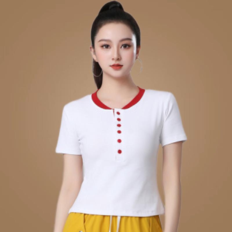 Summer Women's Slimming Dance T-Shirt: Round Neck, Button-Down, Versatile, Short Sleeve, Cotton Fashion Top
