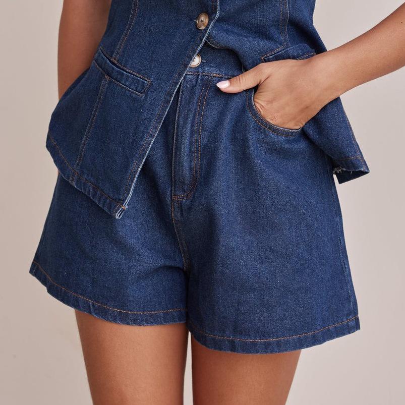Sleeveless Denim Two-Piece Set for Women: Button Design High-Waisted Shorts, Trendy & Casual European-American Style 2026.