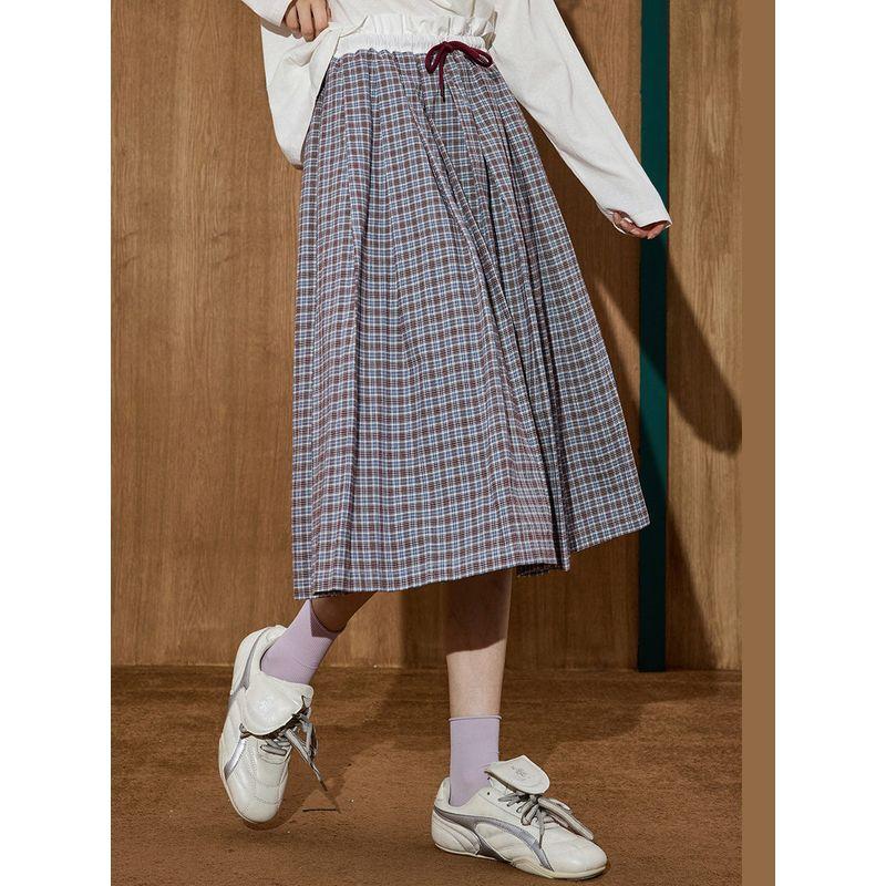Coolhut2025 Autum Women's Fashionable Plaid Pleated Skirt Elastic Waist Lace Skirt