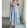 Women's Square Neck Puff Short Sleeve Smocked Floral Print Tiered Midi Dress Elegant Casual Swing Sundress