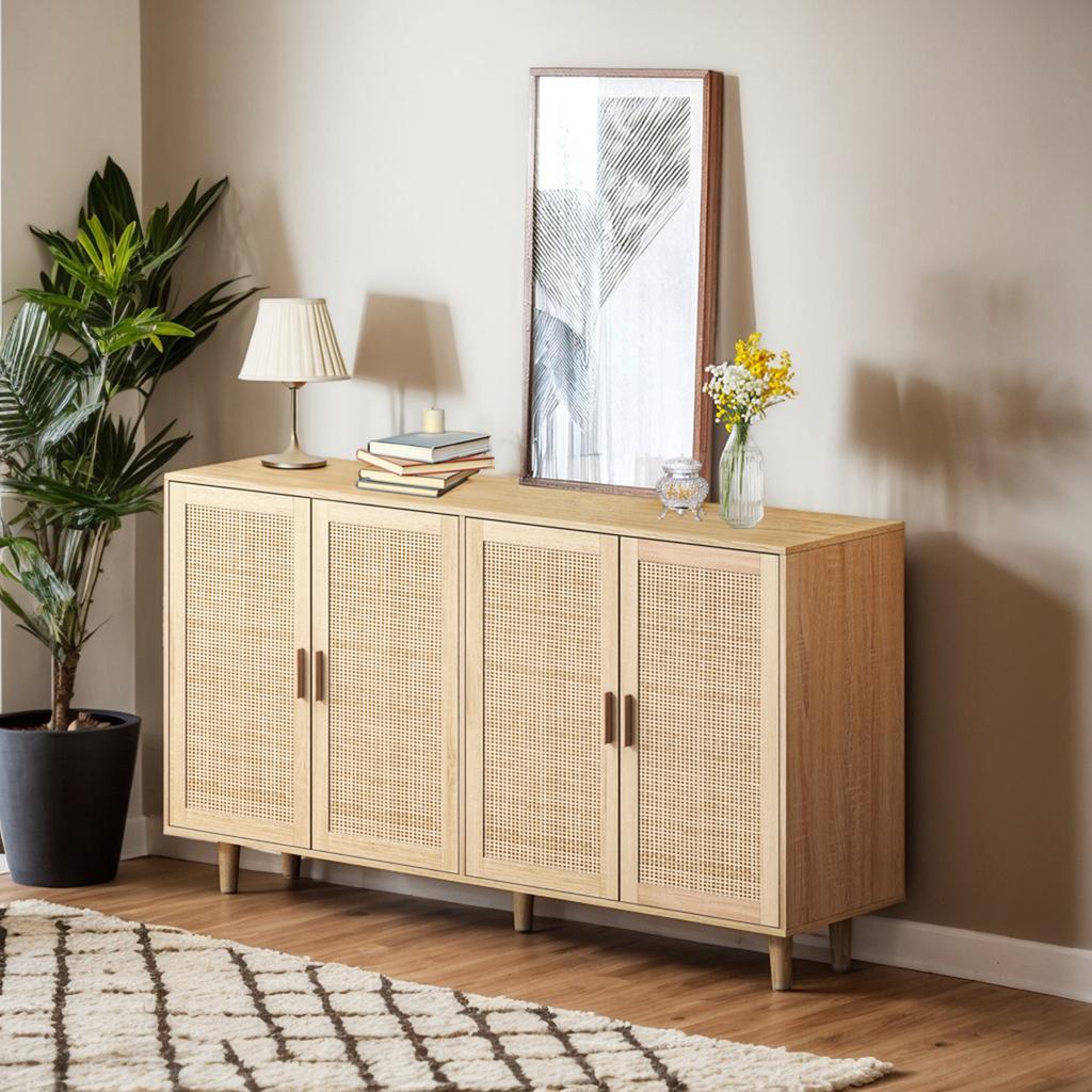 158CM Elegant and Functional 4-Door Rattan Decorative Storage Cabinet,for Bedroom,Living Room,Office