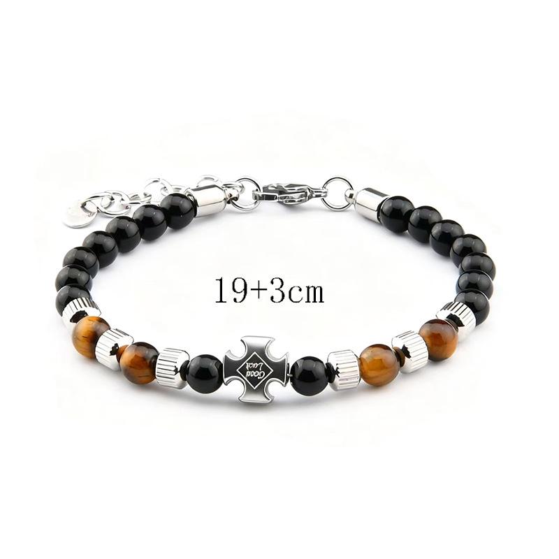 Men s European 6mm Stainless Steel Bracelet with Tiger Eye and Black Obsidian Stones