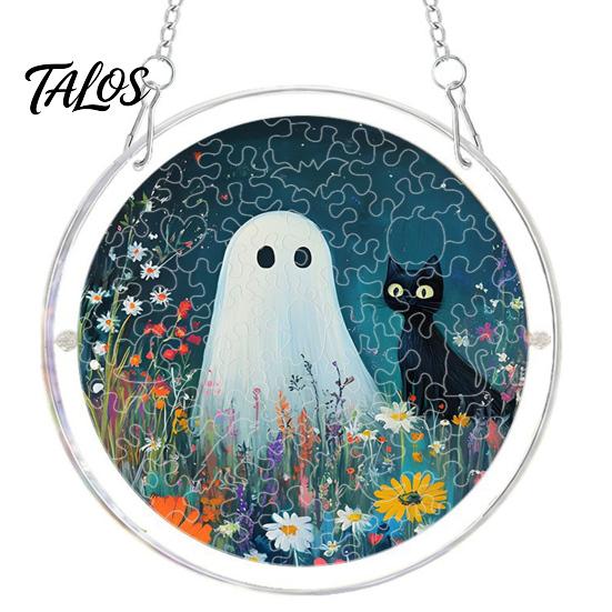 Elegant Halloween Glass Effect Ornament Acrylic Suncatcher Jigsaw Puzzle Set, Spooky Ghost Floral Meadow Window Hanging with Metal Sturdy Frame Decor