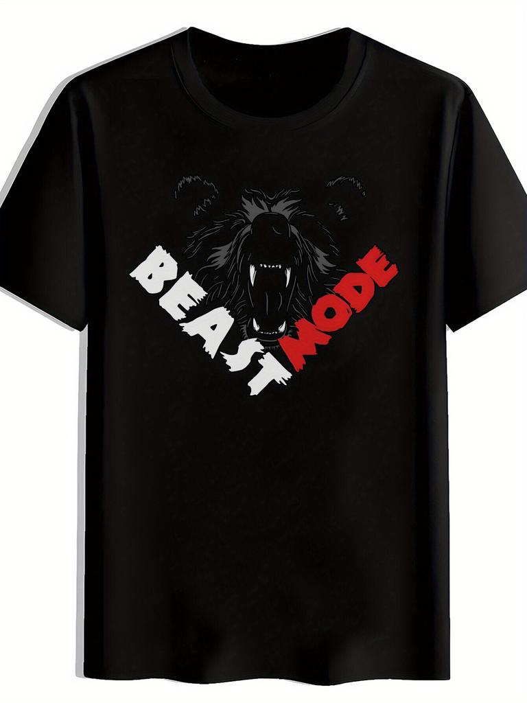 Black T-shirt - BEAST MODE Graphic Tee with Bold Red Lettering - Lightweight Polyester Shirt for Gym