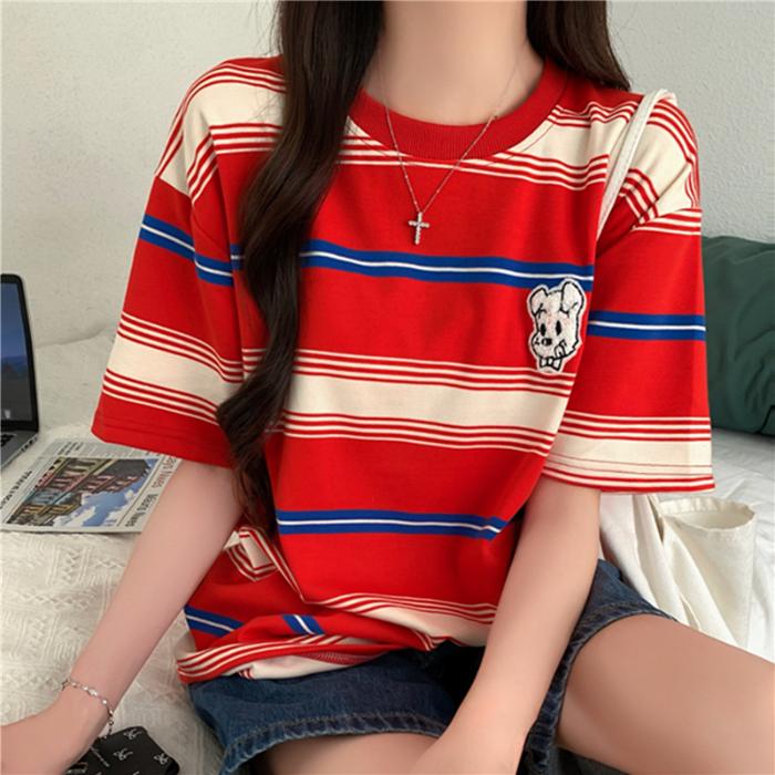 

2025 летние короткие рукава винтажные красные футболки для женщин модные мультяшные вышитые повседневные свободные базовые футболки harajuku каваи студенческие футболки y2k топы M ярко-красный