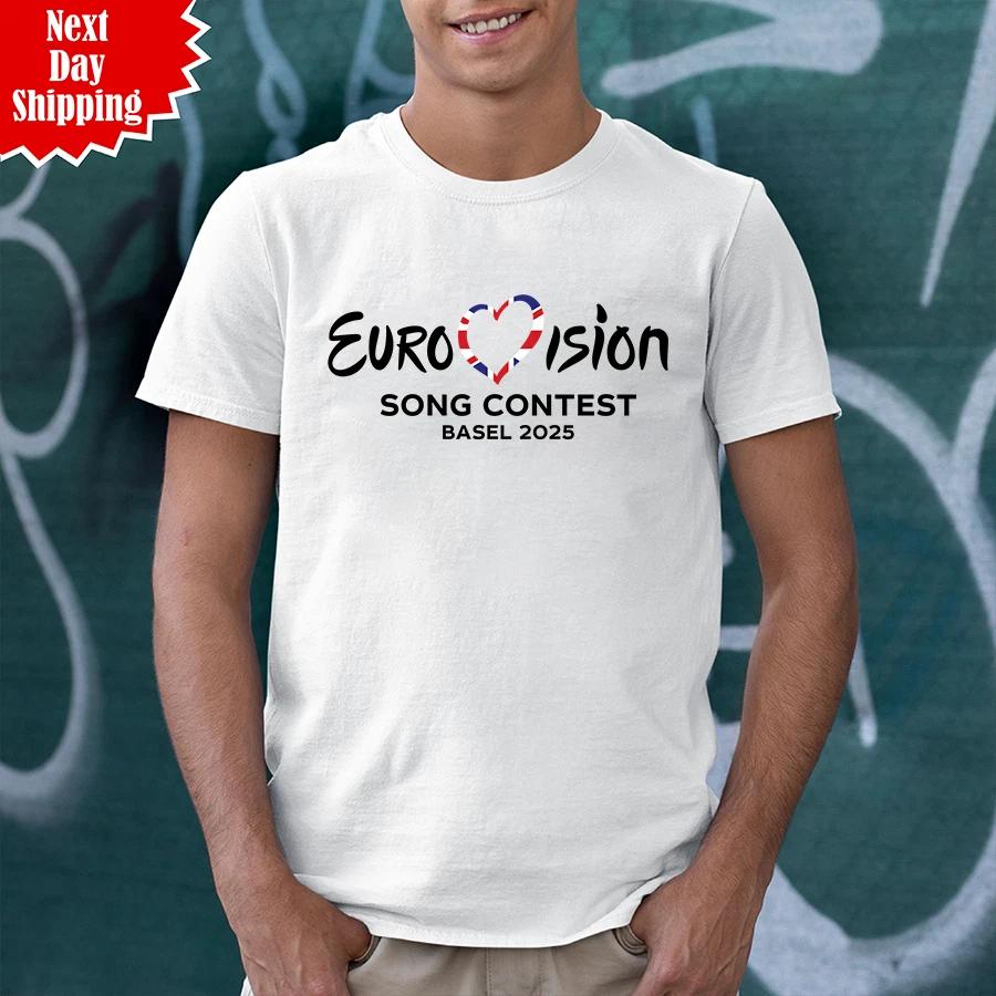 Eurovision Song Contest BASEL 2025 T Shirt Printed UK Flag Heart Music Gift Tops L