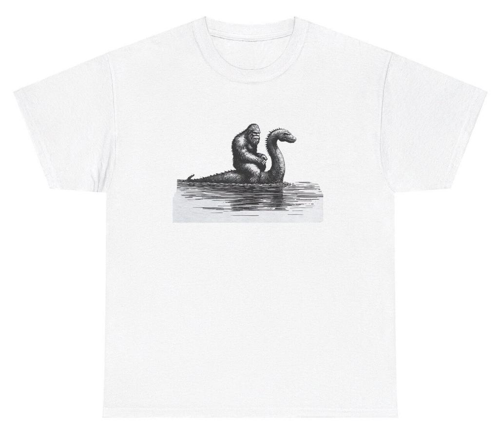 Bigfoot Riding Lochness Monster T Shirt Funny Mythical Creature Sasquatch Tee