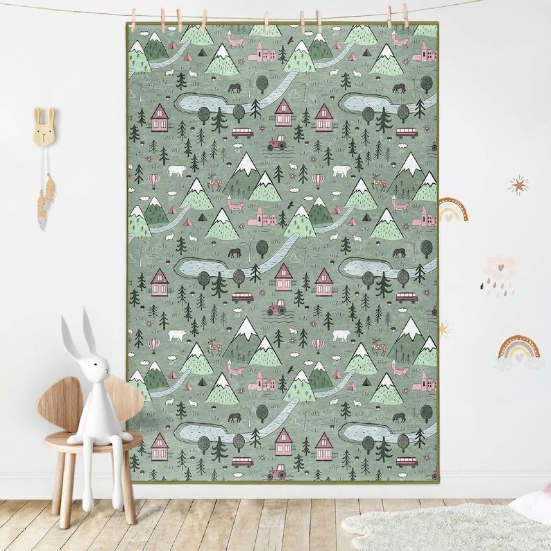 Cute Village Green Kids Rug Forest Jungle Theme Washable Play Mat Custom Design Easy Clean Carpet for Nursery Bedroom Playroom