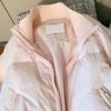 Women Pink Short Puffer Jacket Knitted Sleeves Zip Up Winter Warm Coat Ribbed Hem
