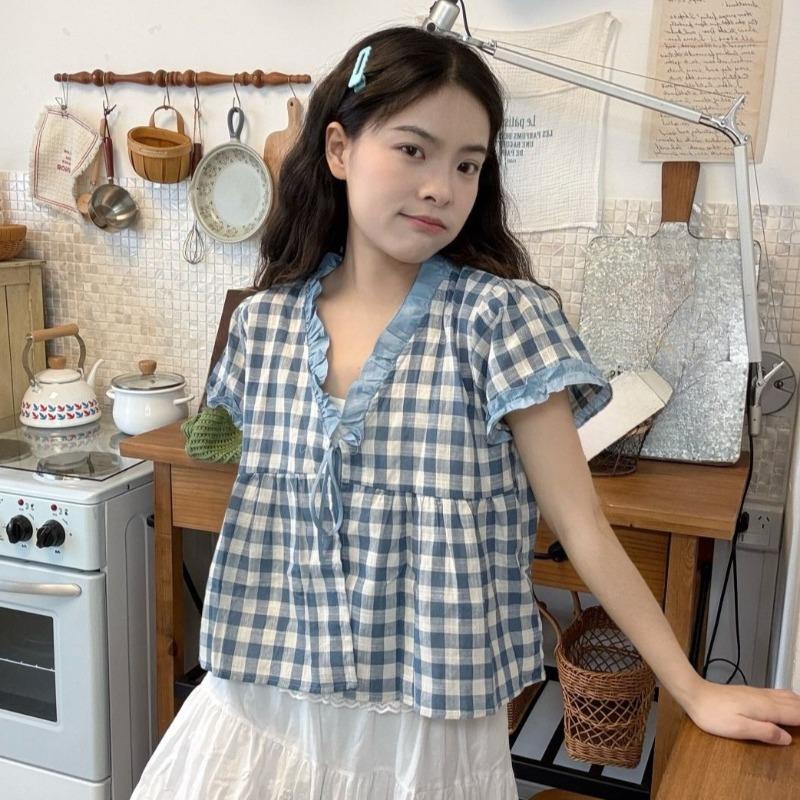 Ladies' Fake Two Checkered Shirts Women's Lace Tied Short Sleeved Blouse Summer New Korean Version Loose Versatile Top
