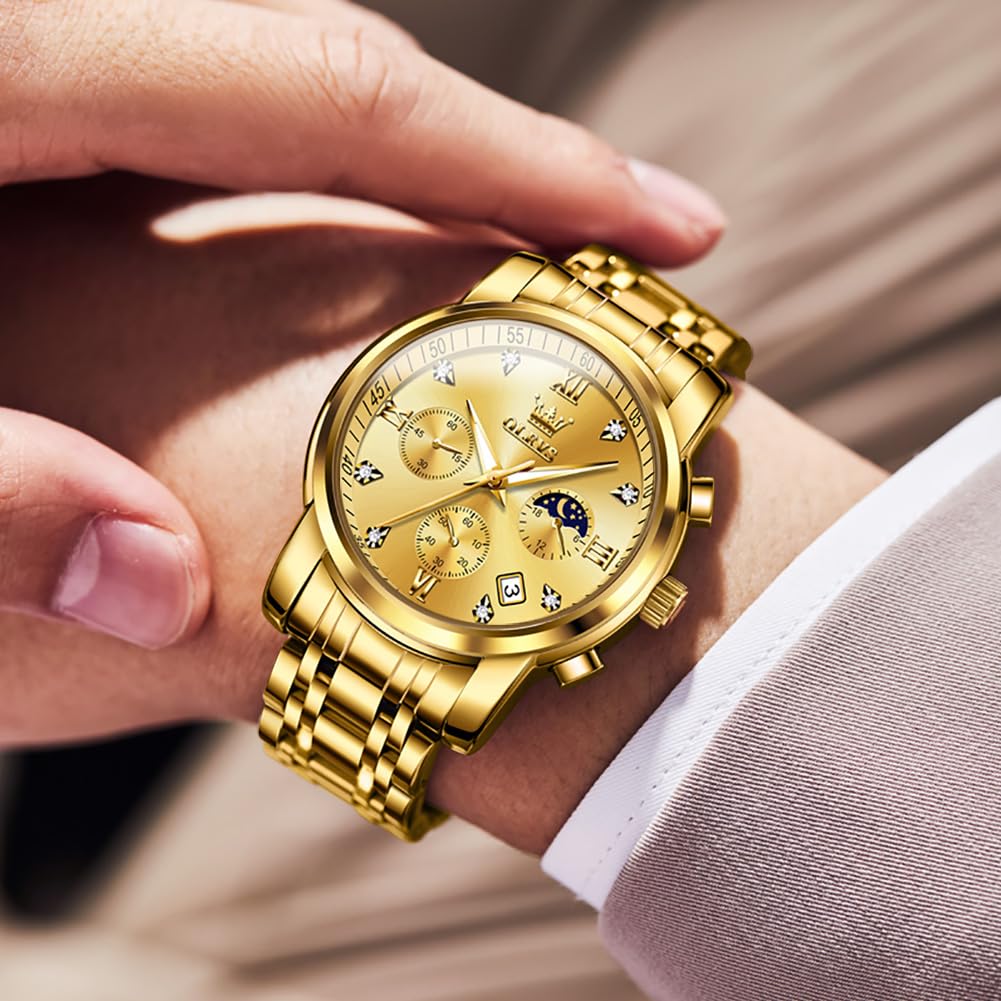 OLEVS Moon Phase Timer Waterproof Luminous Date Quartz Stainless Steel Band Simple Fashion Watch for Men Gold Men's