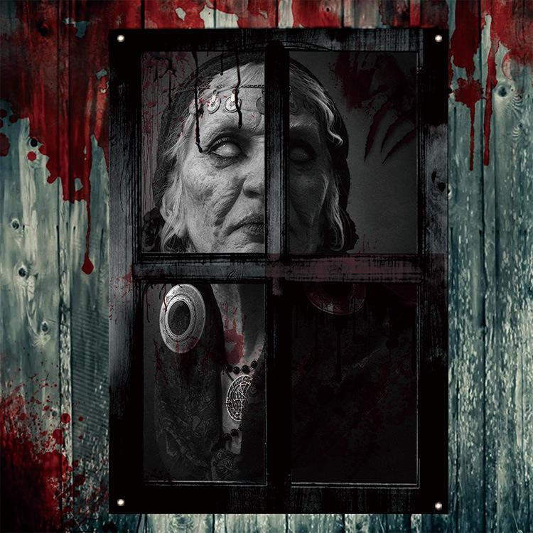 Halloween Female Ghost Window Cover Horror Window Door Cover, Scary Theme Window Screen for Indoor/Outdoor Party Decor