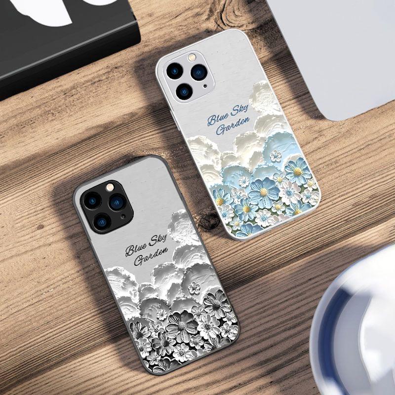 Oil Painting Flower Purple For IPhone 16 Pro Max 15 Pro 14 13 12 Mini 11 XS Max XR 7 8 Plu SE 2022 Tempered Glass Phone Case