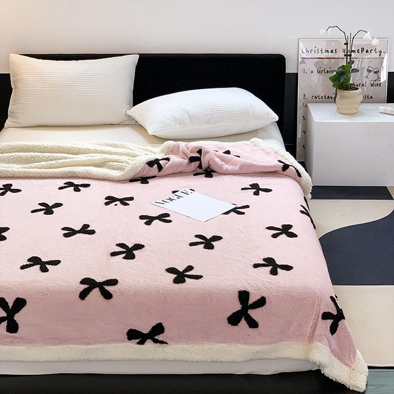 Sweet Ins-style Bow Blanket Thickened Lamb Fleece Home Nap Blanket Sofa Office Desk Autumn Winter