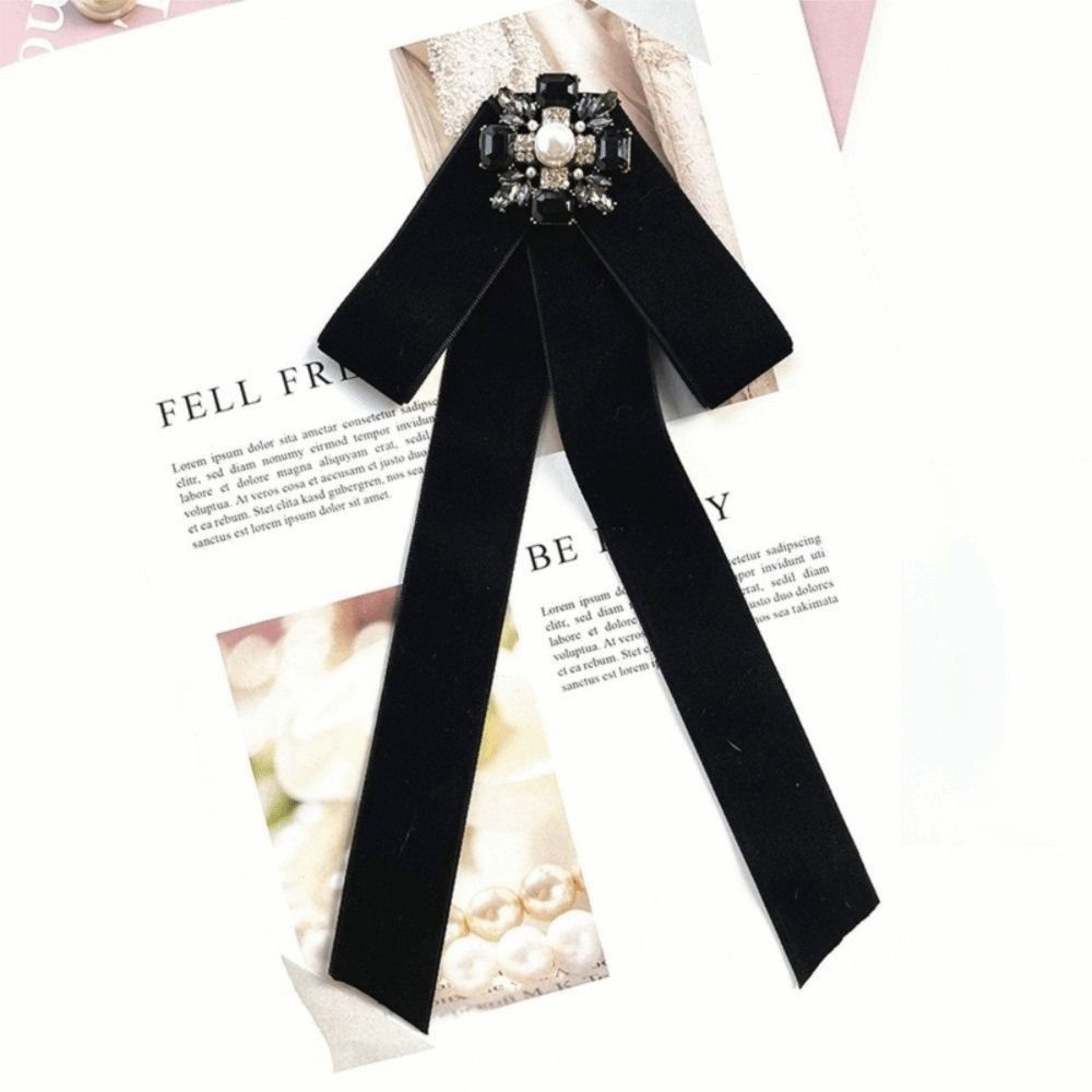 Velvet Memorial Black Bowknot Brooches Crystal Rhinestone Bow Tie Brooches Dress Shirt Accessories