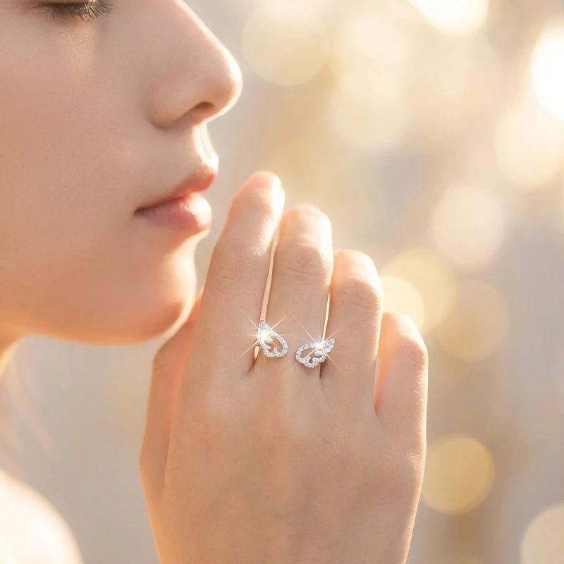 Romantic Sweet Angel Wings Ring for Women Simple Rhinestone Silver Color Adjustable Finger Ring Versatile Party Wedding Jewelry