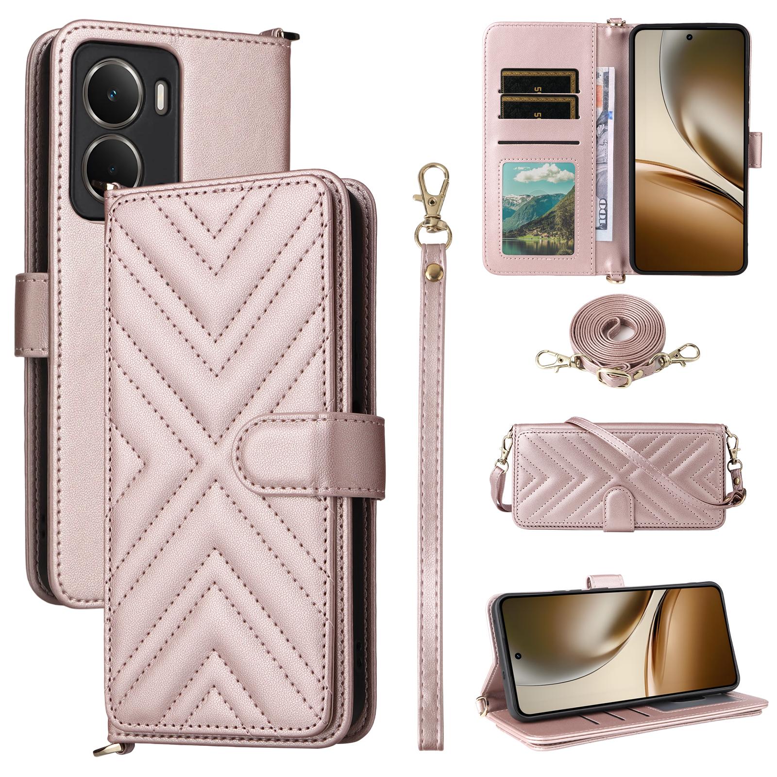 

For Realme Neo7x 5G/P3 5G Wallet Case with Shoulder/Wrist Strap Leather Phone Cover Stand Pink