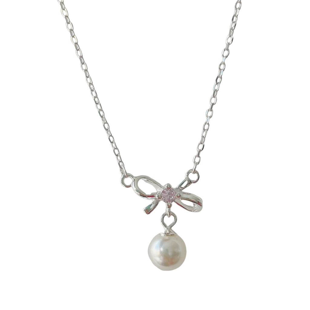 Small and fresh temperament S925 sterling silver bow bead necklace female sweet pink diamond collarbone chain