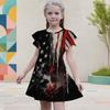 Girls Round Neck Flutter Sleeve American Flag Printed A Line Dress Black Red White