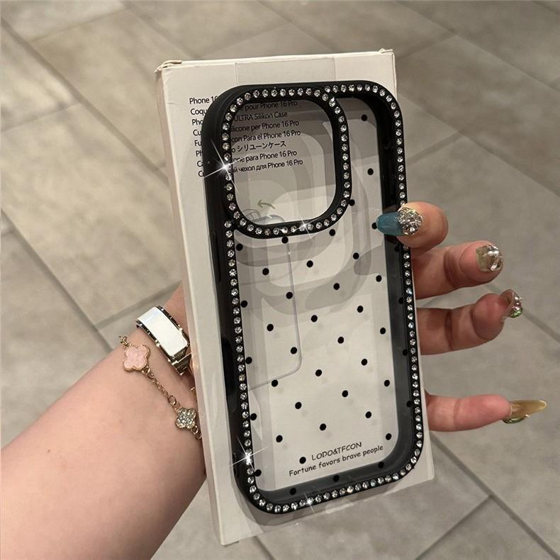 Husă iPhone 17 Pro Max Stil Coreean cu Buline Strălucitoare și Strass-uri