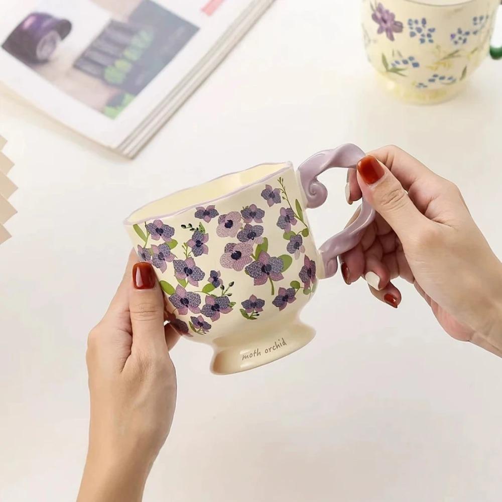 High Value Pastoral Flower Mug Tall Water Cup Girls Office Coffee Cup Personalized Internet Celebrity Ceramic Cup