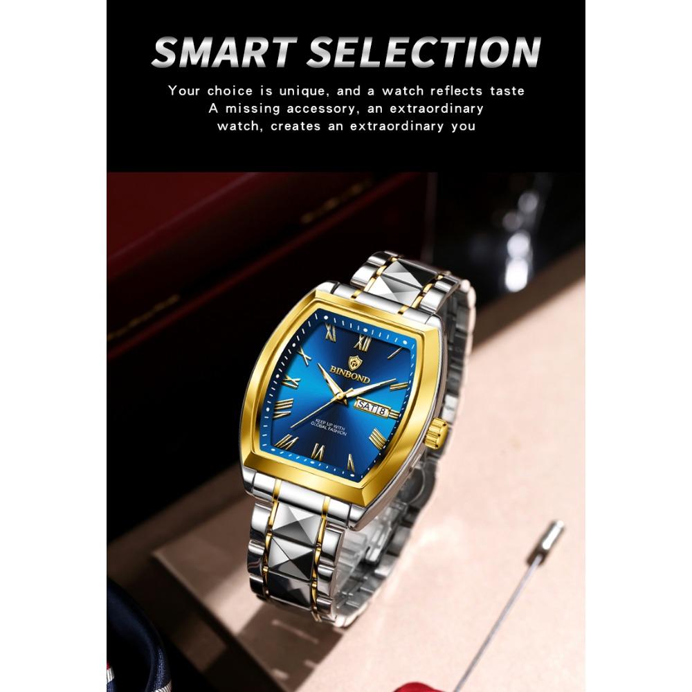 BINBOND B355 Stainless Steel Men Watch Top Quailty Luxury Push Button Hidden Clasp Waterproof Luminous Date Week Sport Men Watch