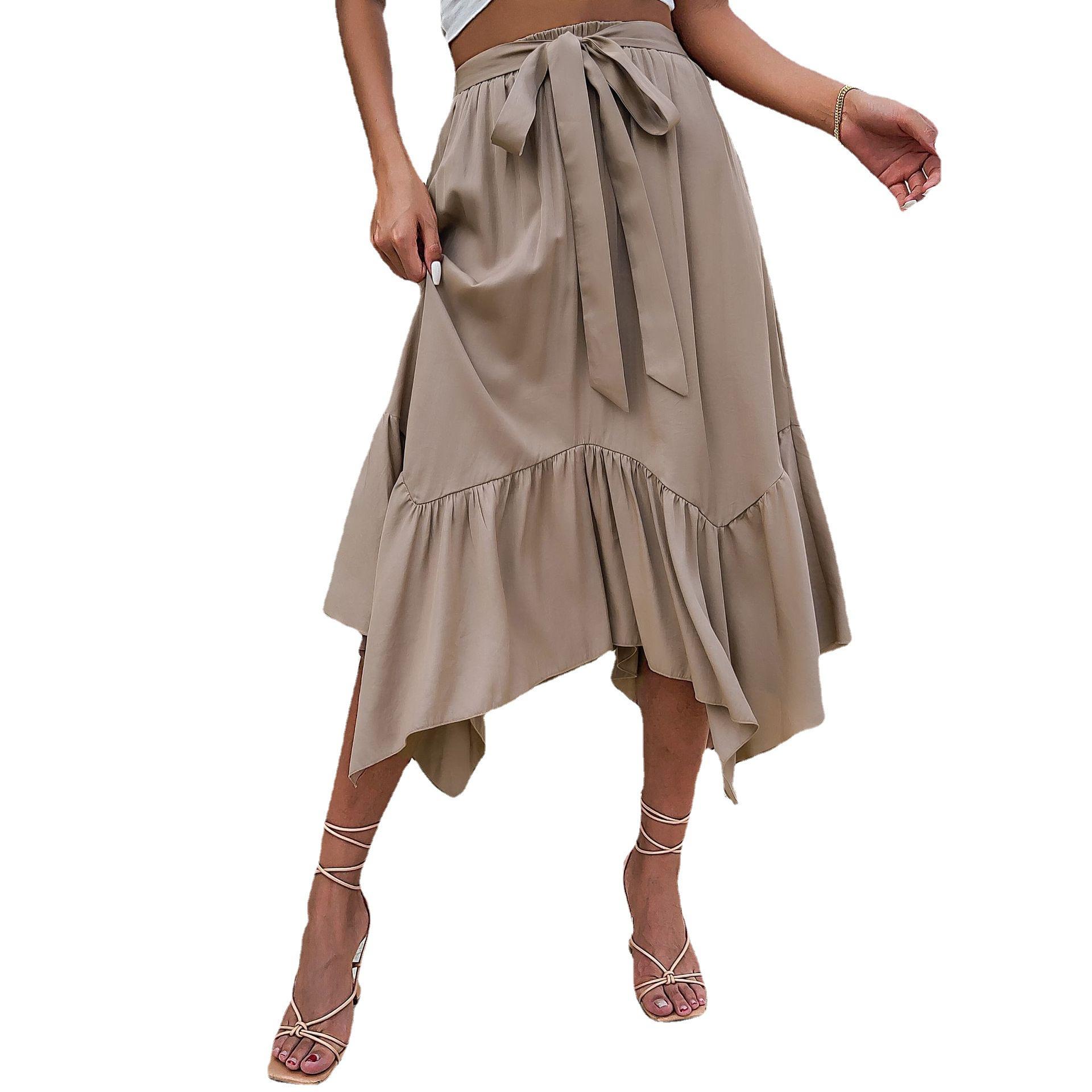 Women s Summer Khaki Midi Skirt Elastic Waist Tie Front Casual Irregular Ruffled Asymmetrical Flowy Hem Skirt for Ladies Daily Wear S хаки