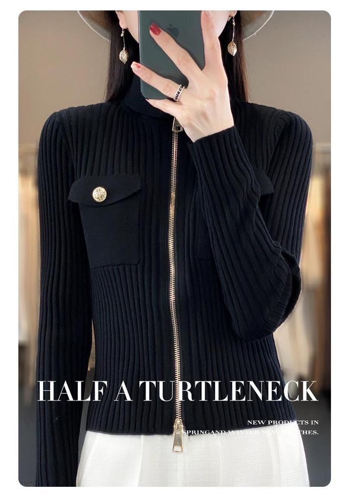 Women's Slim-Fit Stand Collar 100% Pure Wool Sweater - Autumn/Winter Knit Cardigan, Skin-Friendly Base Layer Outerwear