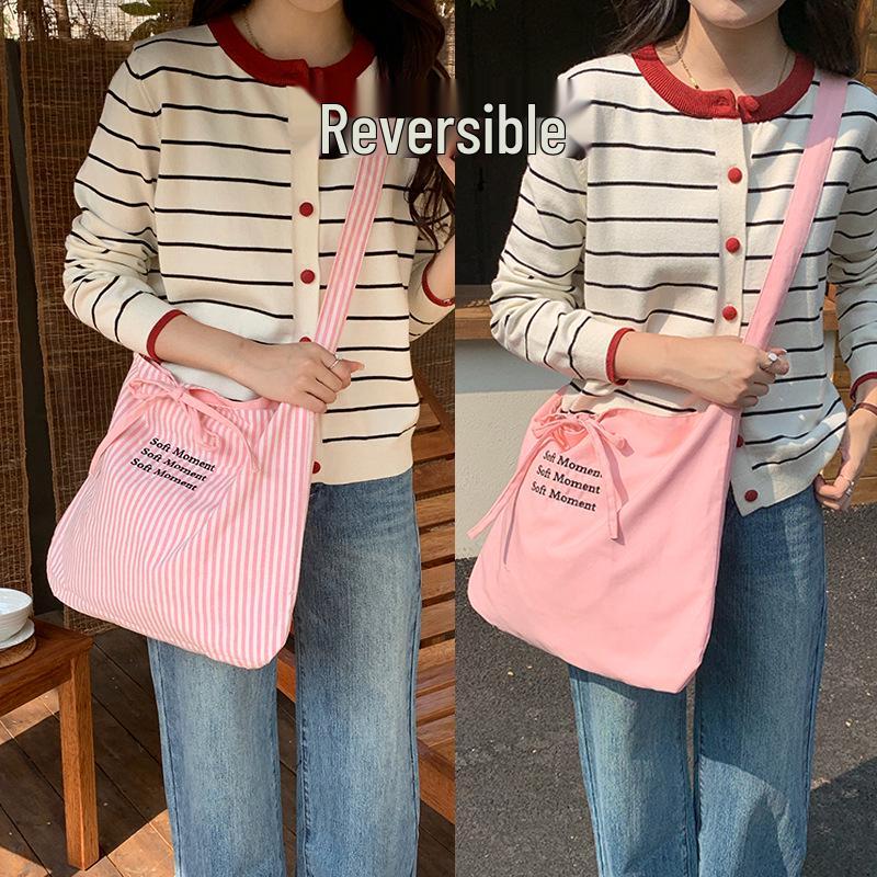 

Spring Striped Canvas Shoulder Bag with Double-Sided Embroidery for Women