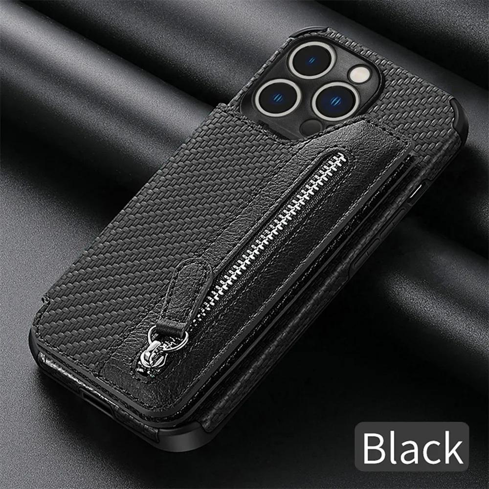 Zipper Wallet Credit Card Holder Phone Case for IPhone 13 12 Mini 14 11 Pro XS Max XR X 7 8 6 6s Plus SE 2 3 Stand Leather Cover
