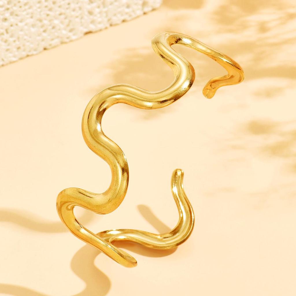 European & American INS Style Geometric Curve Stainless Steel C-Shaped Open Bangle Women's Jewelry.