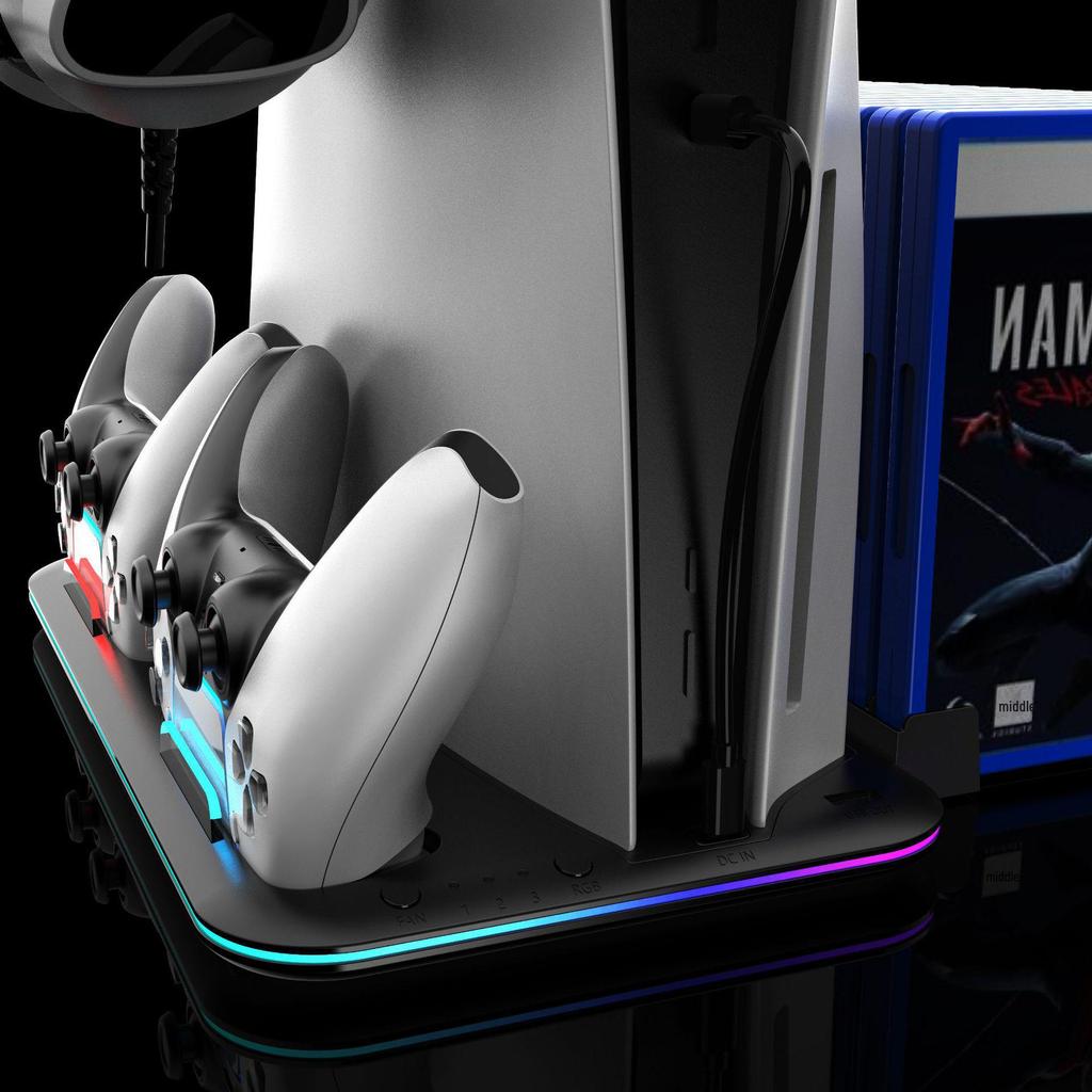 Multifunktions-Kühlstation für PS5 Slim mit Controller-Ladegerät und Aufbewahrung für Spiele-Discs