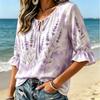 Women's Lavender Watercolor Print Tie Neck Top, Ruffle Half Sleeve Casual Blouse for Fresh Summer Vacation Wear
