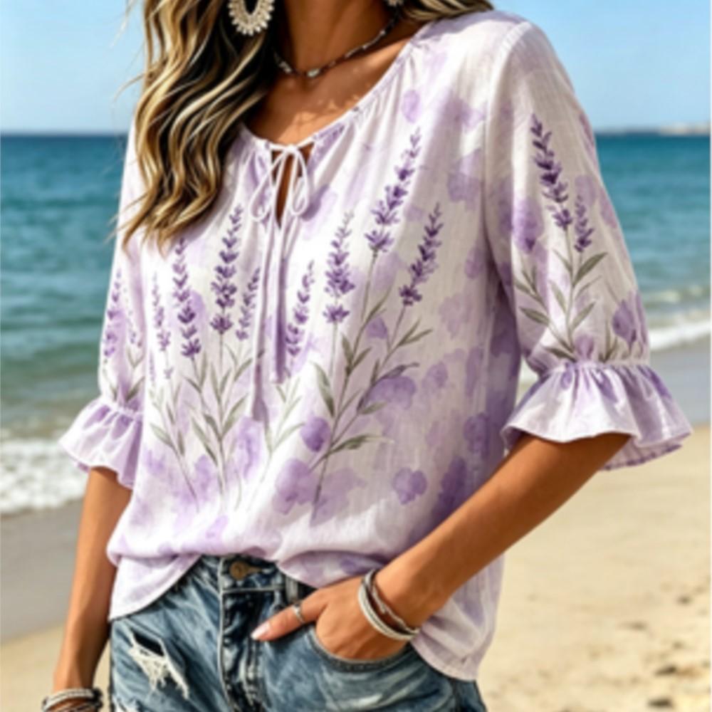 Women's Lavender Watercolor Print Tie Neck Top, Ruffle Half Sleeve Casual Blouse for Fresh Summer Vacation Wear