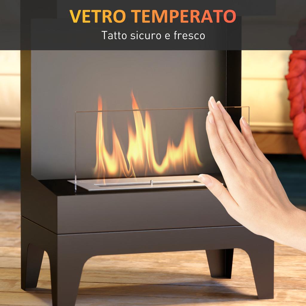 Freestanding Bioethanol Fireplace with 0.9L Burner and 3.3 Hour Burn Time, 38x22x54 cm, Black