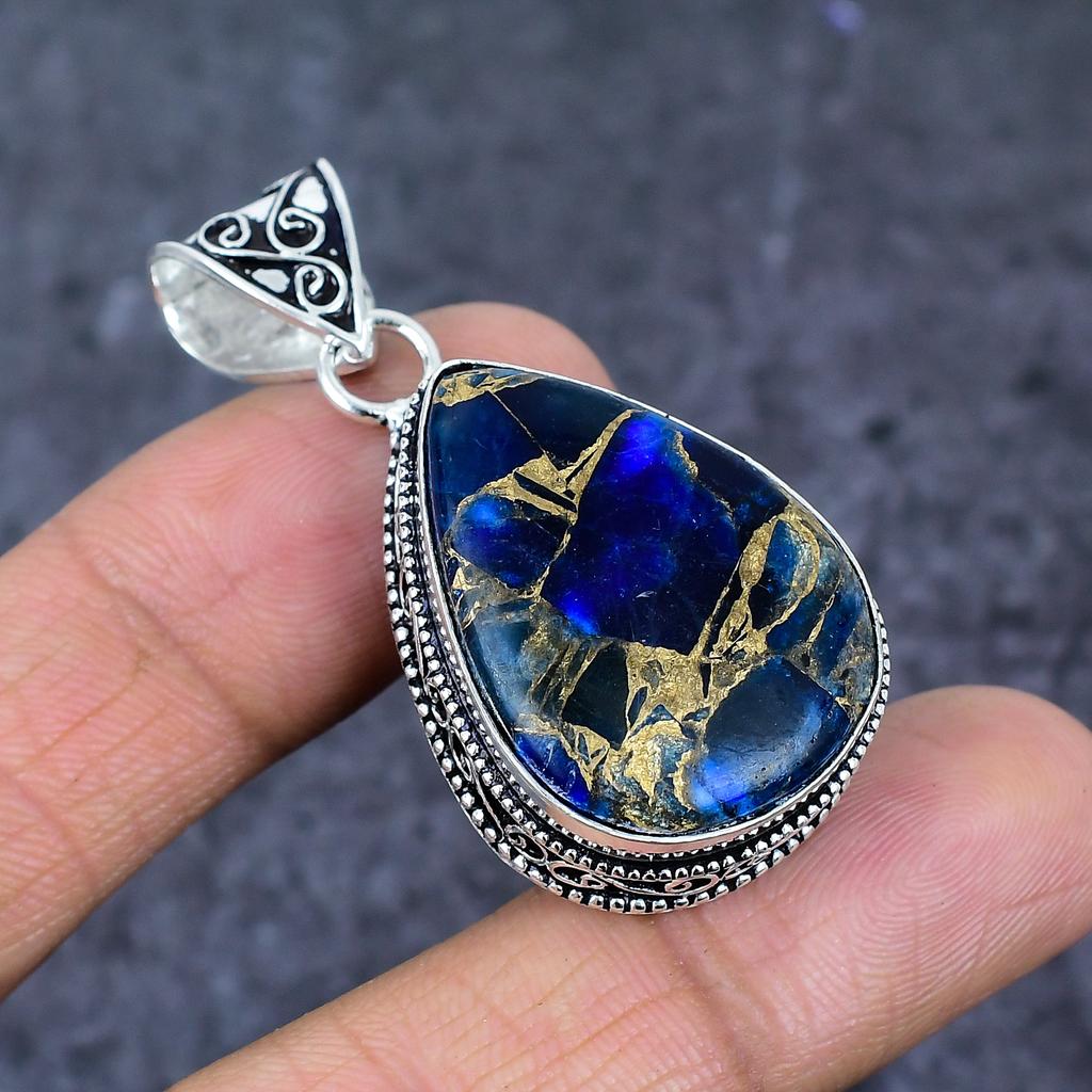 Natural Copper Blue Turquoise 925 Sterling Silver Jewelry Pendant 1.97" ET-4792