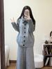 Retro Three-Piece Winter Set: Grey Knitted Cardigan, Warm Cotton Vest, and Cozy Pants