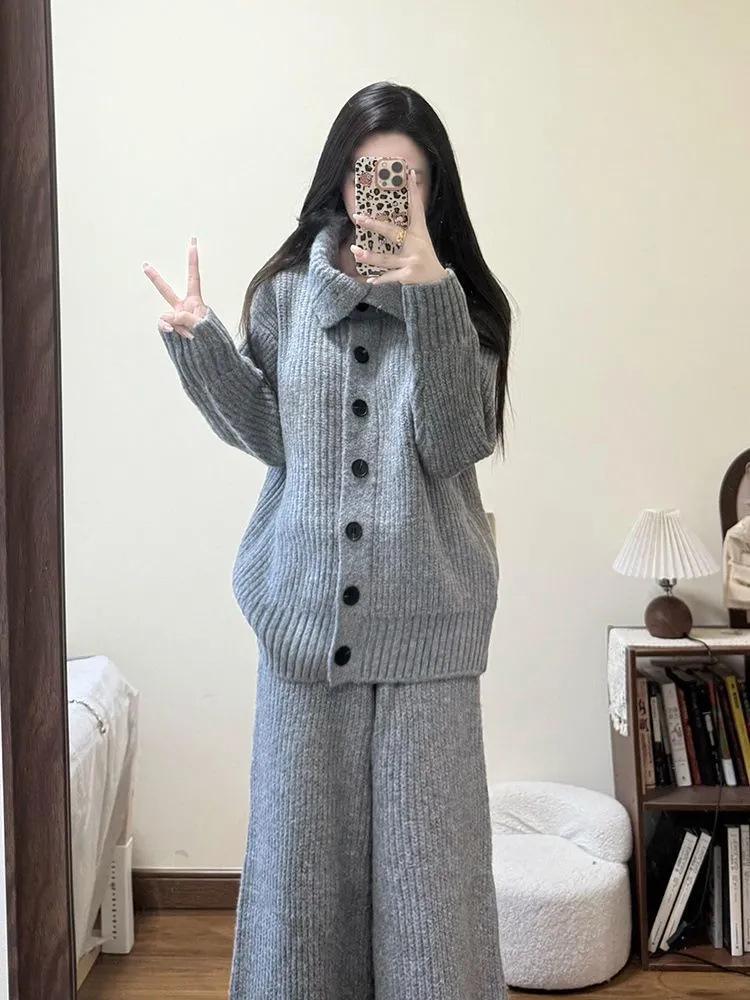 Retro Three-Piece Winter Set: Grey Knitted Cardigan, Warm Cotton Vest, and Cozy Pants