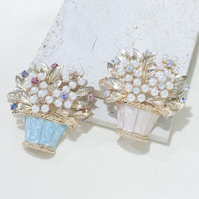 Glasierte Perlenblumenbrosche Mode Blumenkorb Topfpflanze Anstecknadel Mittelalter Vintage Persönlichkeit Strasssteine Zubehör