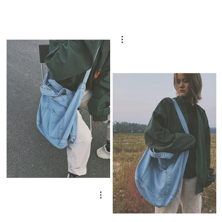 IELGY Denim Bag Large-Capacity One-Shoulder Messenger Korean Version Trendy All-Match Handbag