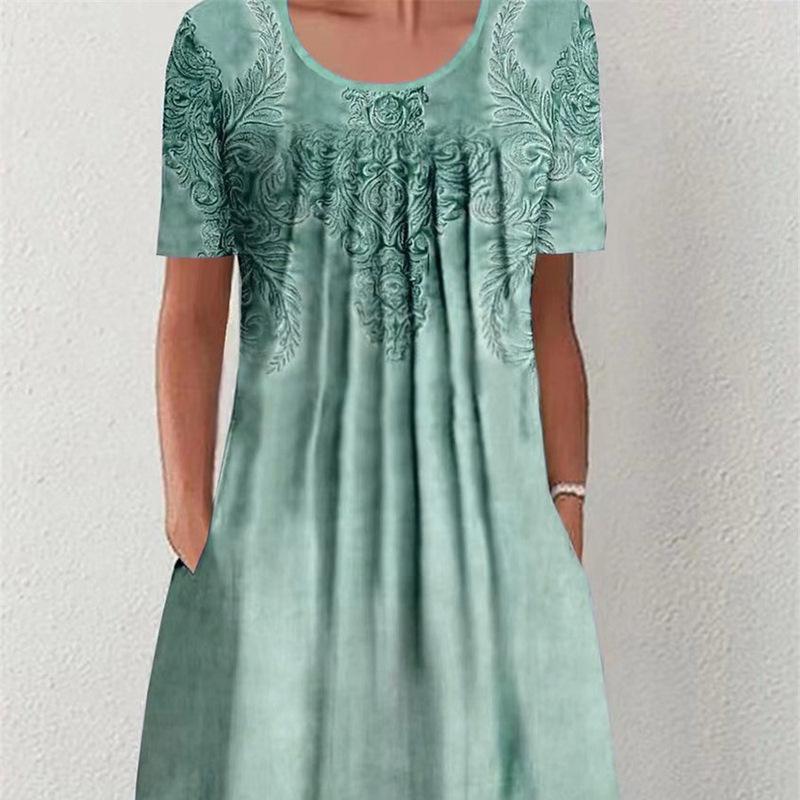 Spring and Summer Floral Print Crew Neck Pocket Women's Fashion Casual Crew Neck Trend Print Medium and Long Dress