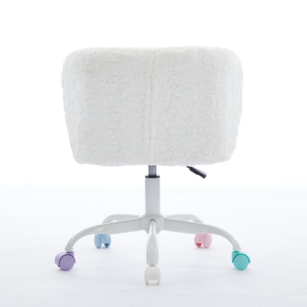 Girls Faux Rabbit Fur Desk Chair, Cute Fluffy Adjustable Swivel Vanity Chair with Silent Colorful Wheels, Cream,Beige