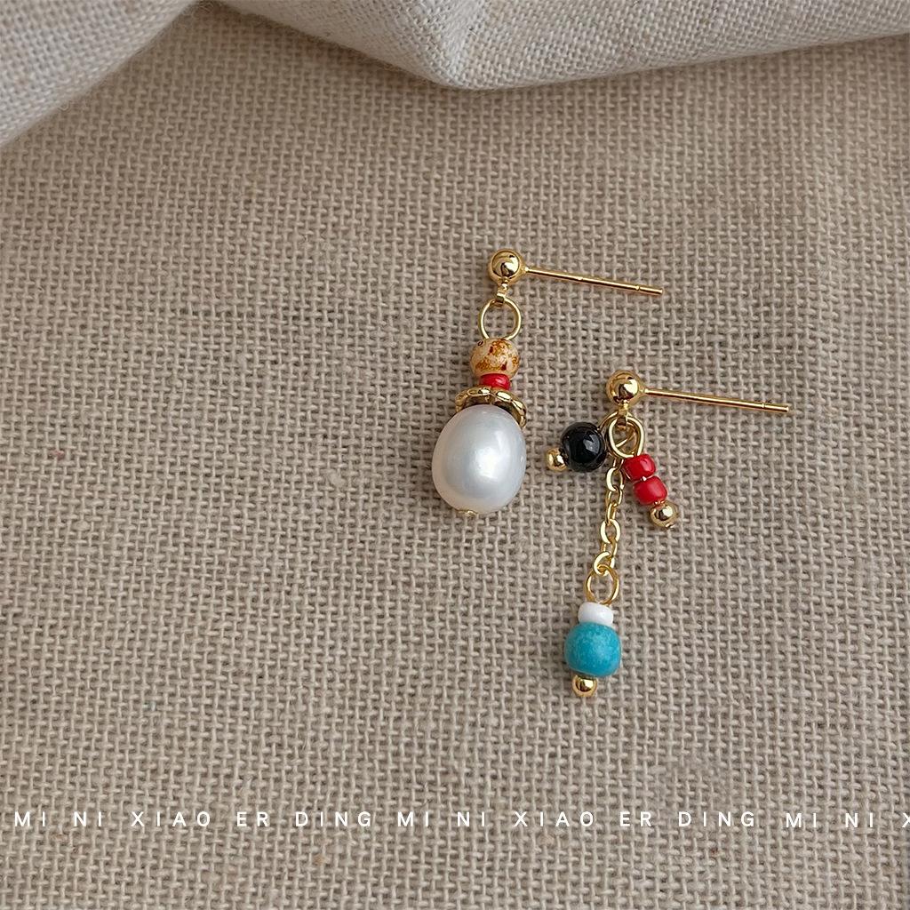 Handmade works~ Freshwater pearl asymmetrical national style rice bead earrings scenic earrings jewelry