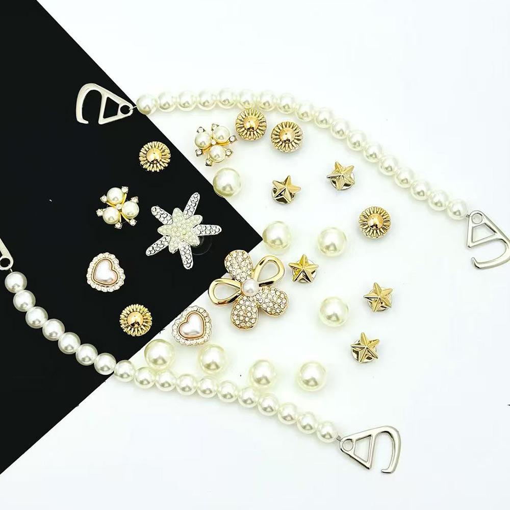 24/26PCS Fashion Shoe Charms Set Accessories Hole Shoe Buckle Golden Rhinestone Flower Pearl Chain DIY 3D Shoes Decorations Gift