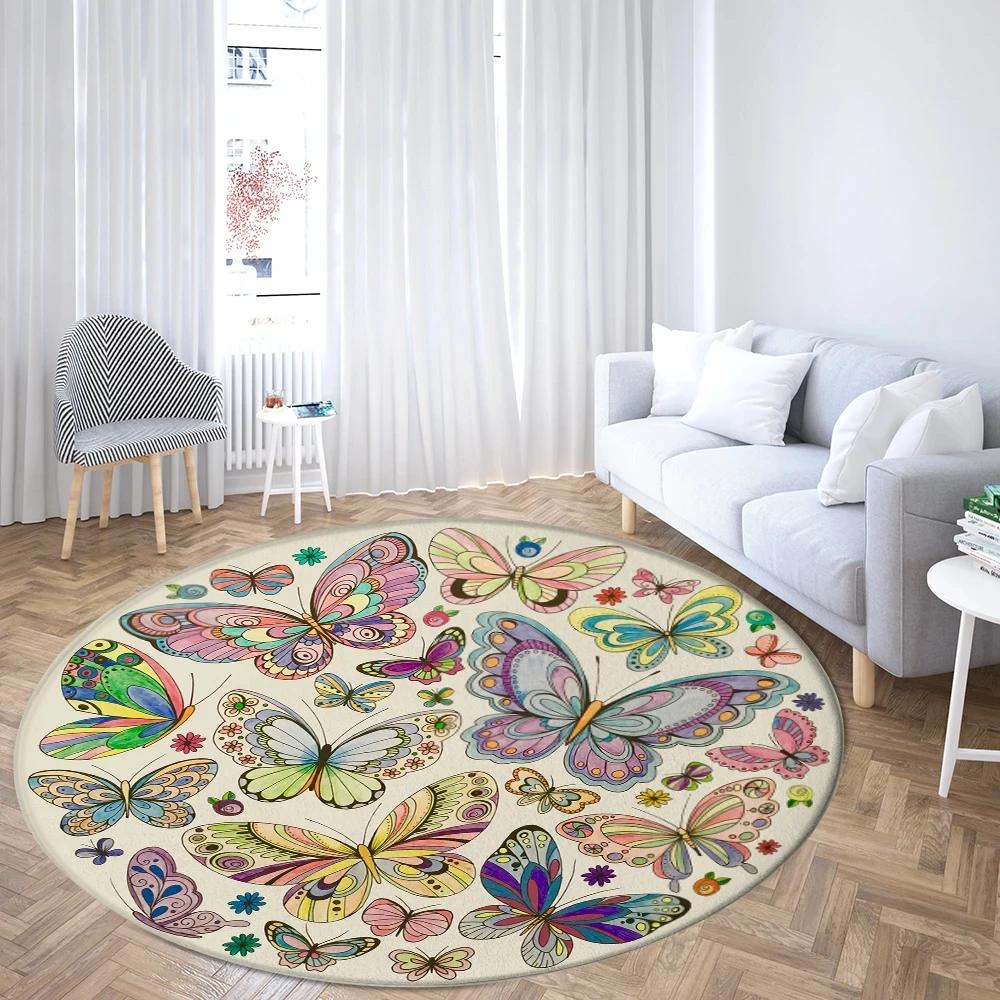 Boho Mushroom Butterfly Round Rug Cartoon Mushrooms Carpet for Living Room Office Bathroom Decor Kawaii Fungus Indoor Floor Mat