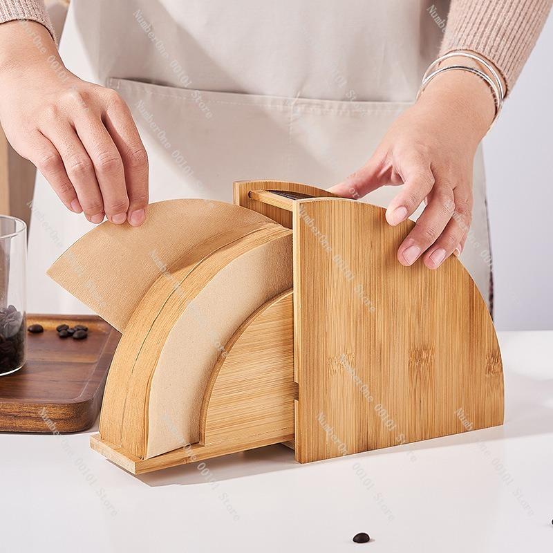 Hand-brewed Coffee Solid Wood Filter Paper Storage Rack, Wooden Dust-proof Fan-shaped Coffee Filter Storage Box