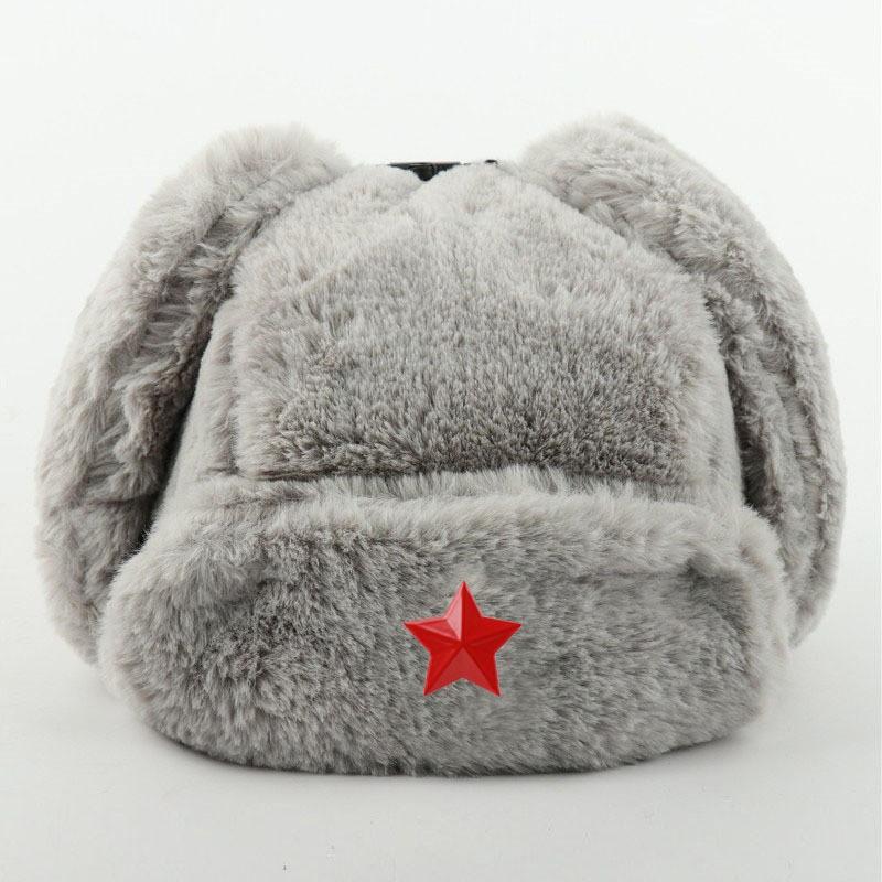 Warm Winter Military Style Earflap Hat Men Women With Embroidered Soviet Emblem Faux Fur Lined Outdoor Cap