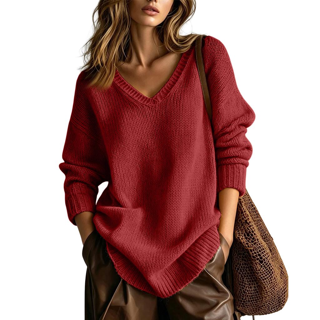 Women's Cozy V-Neck Knit Sweater Loose Fit Slimming Pullover Top